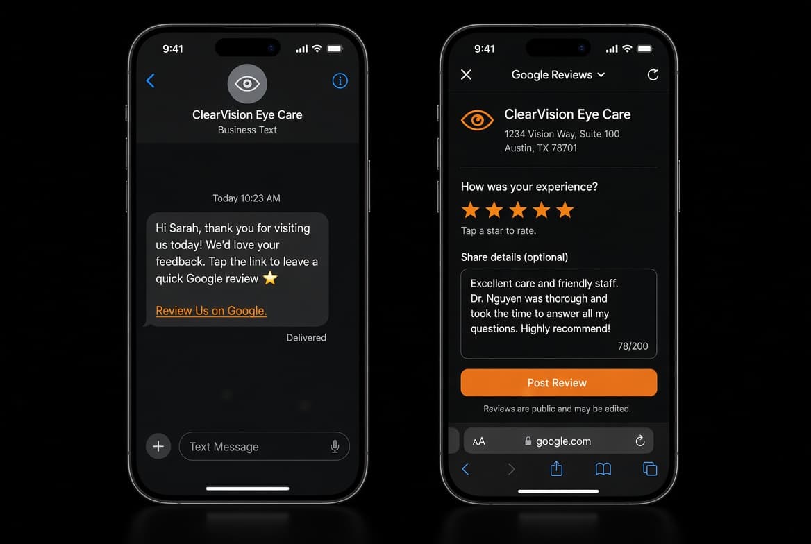 A text message asking a customer for a Google review, next to that review being submitted with five stars